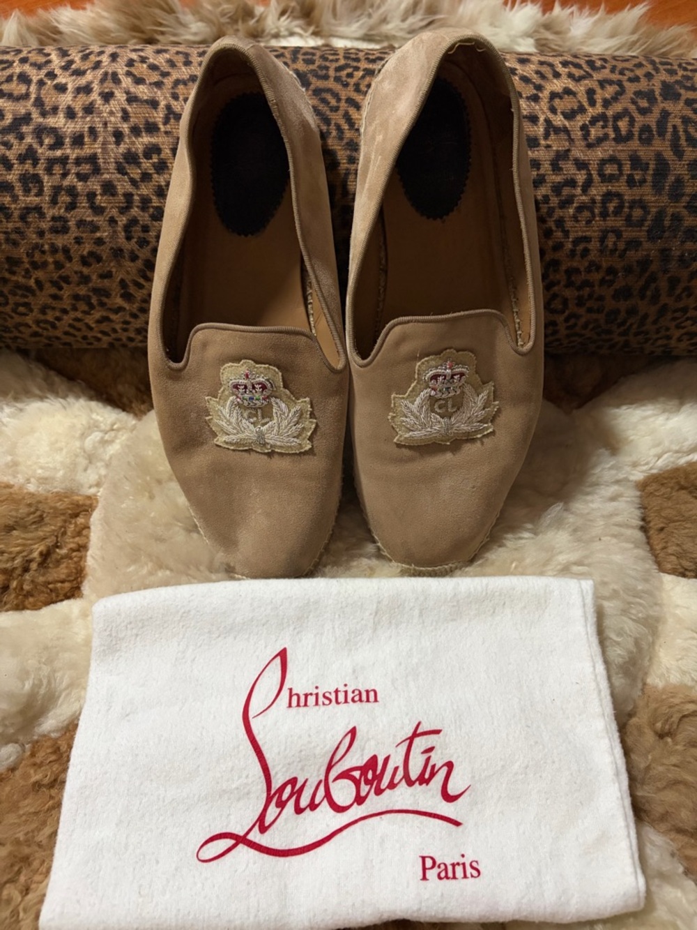 Authentic Christian Louboutin Beige Suede Appliqué with Embroidered Crown